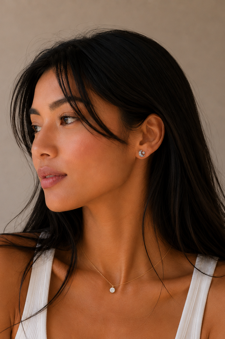 Moon & Star Stud Earrings - Silver