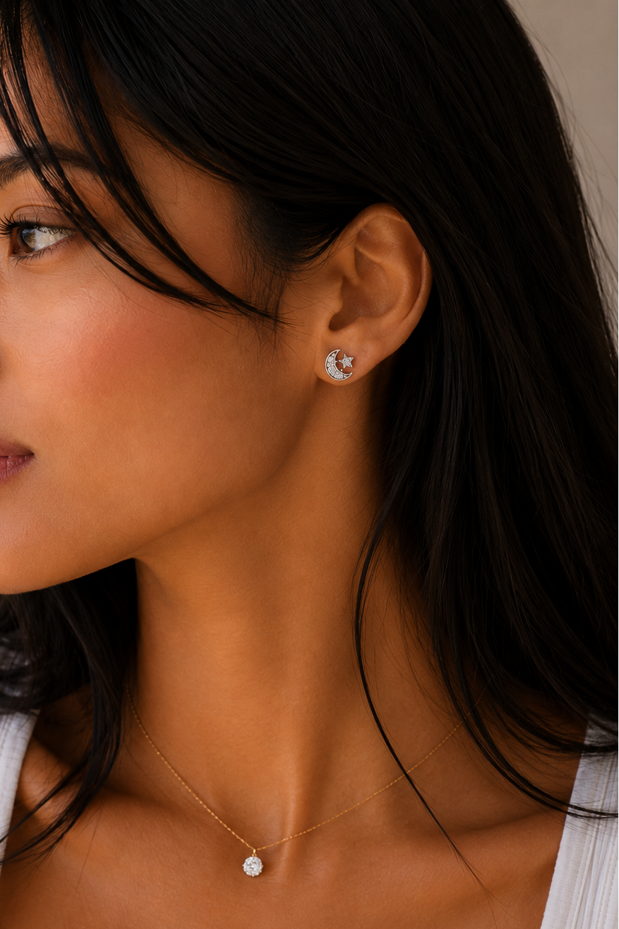 Moon & Star Stud Earrings - Silver